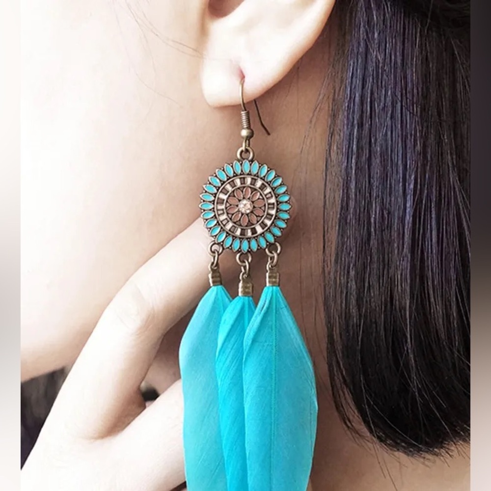 ✨💎 Bohemian Chic Turquoise Feather Dangle Earrings | Festival Statement Jewelry🩵 - Picture 2 of 16
